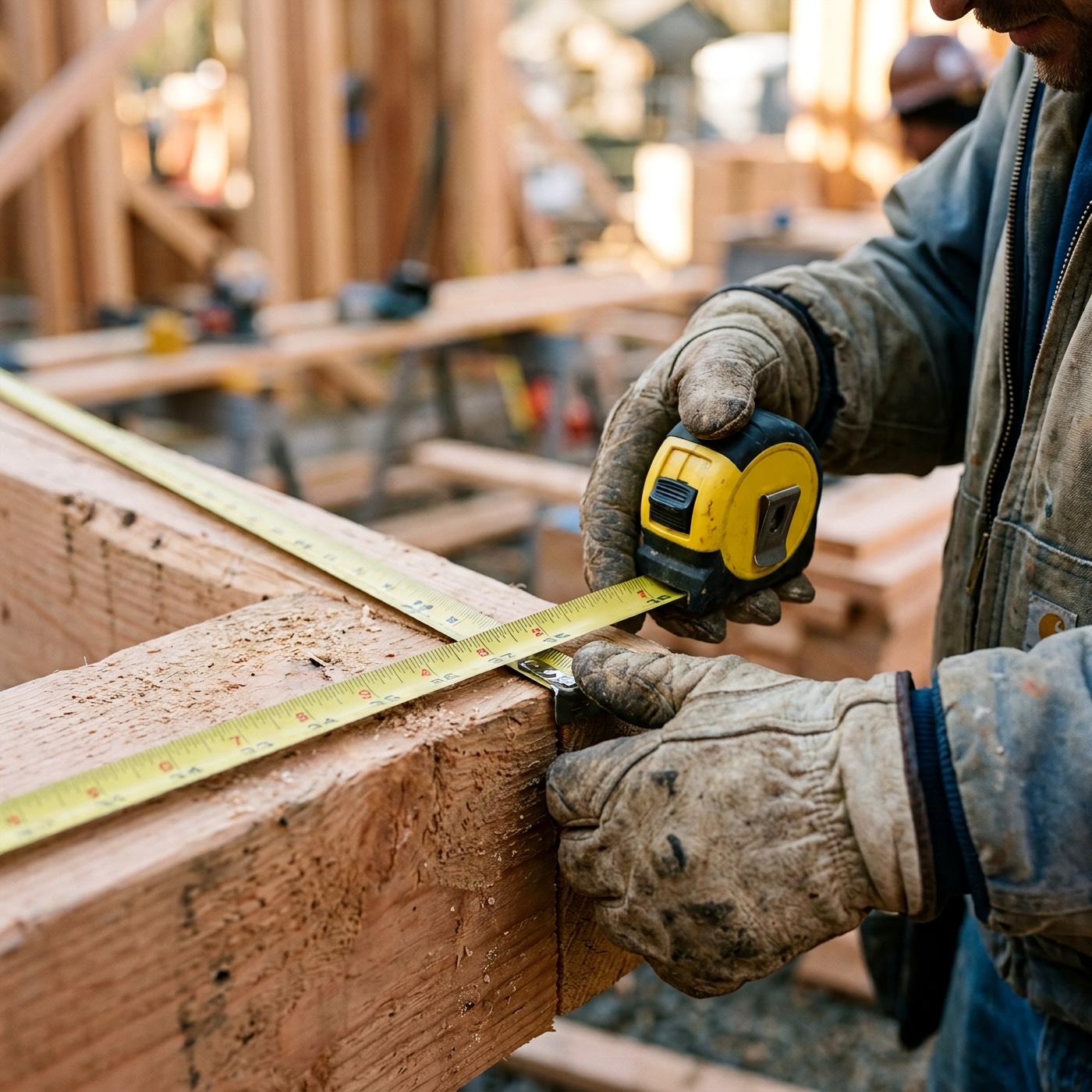 Measuring a wooden beam on site